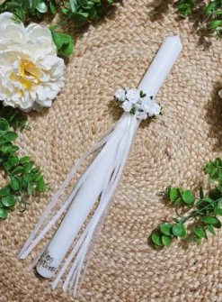 Cierge Mon Baptême avec noeud fleurs et ruban