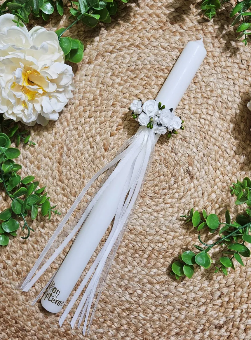 Cierge Mon Baptême avec noeud fleurs et ruban
