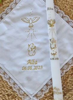 Cierge + mouchoir Baptême collection " bébé et Colombe " - Personnalisable