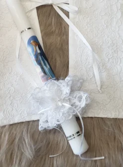 Coffret bapteme : étole + noeud dentelle avec bougie - la Vierge Marie