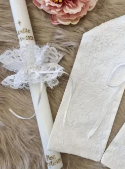 Coffret de bapteme Cierge + noeud + étole en dentelle