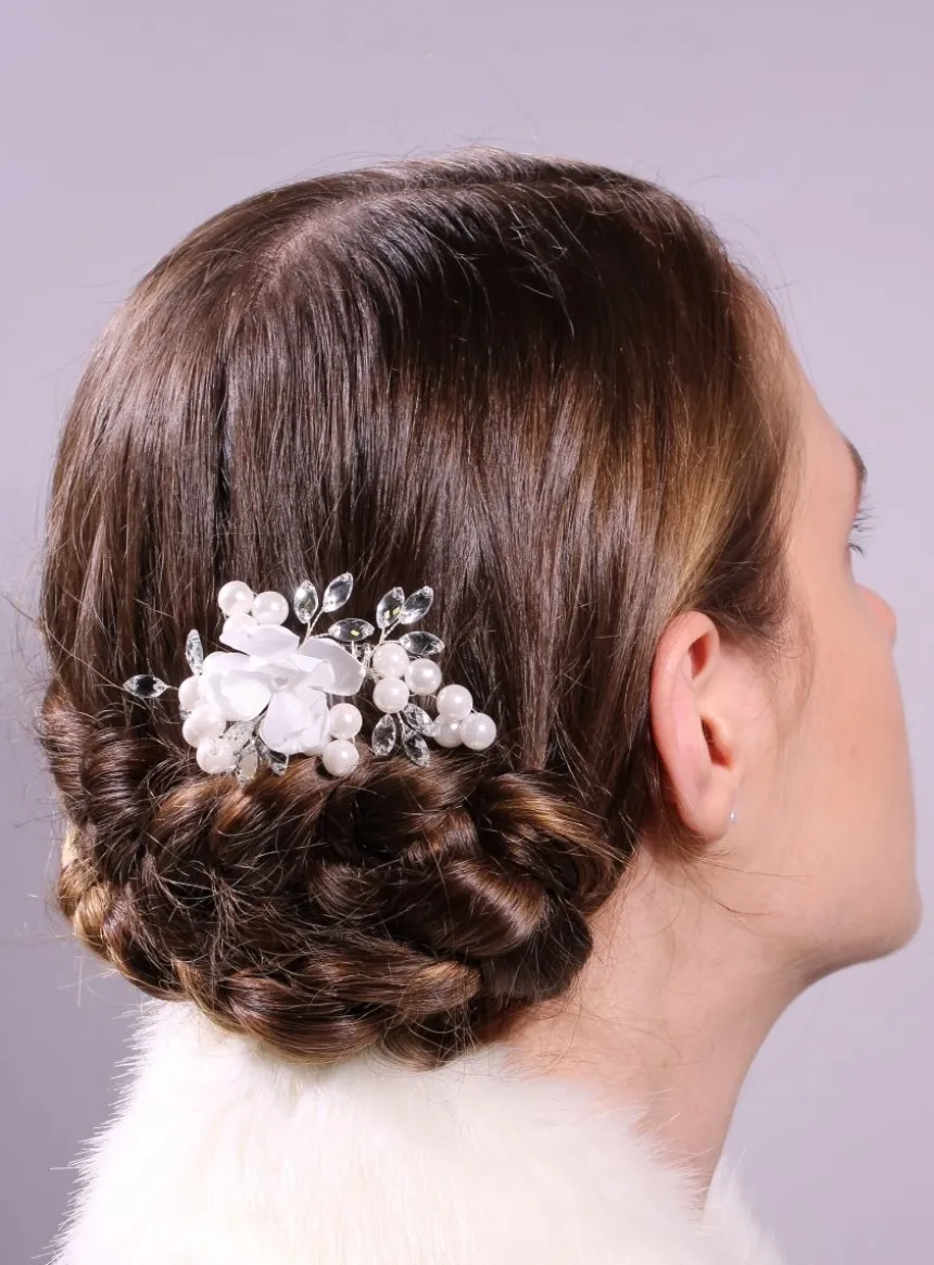coiffure mariage : Peigne cheveux fleurs perles et strass Blanc