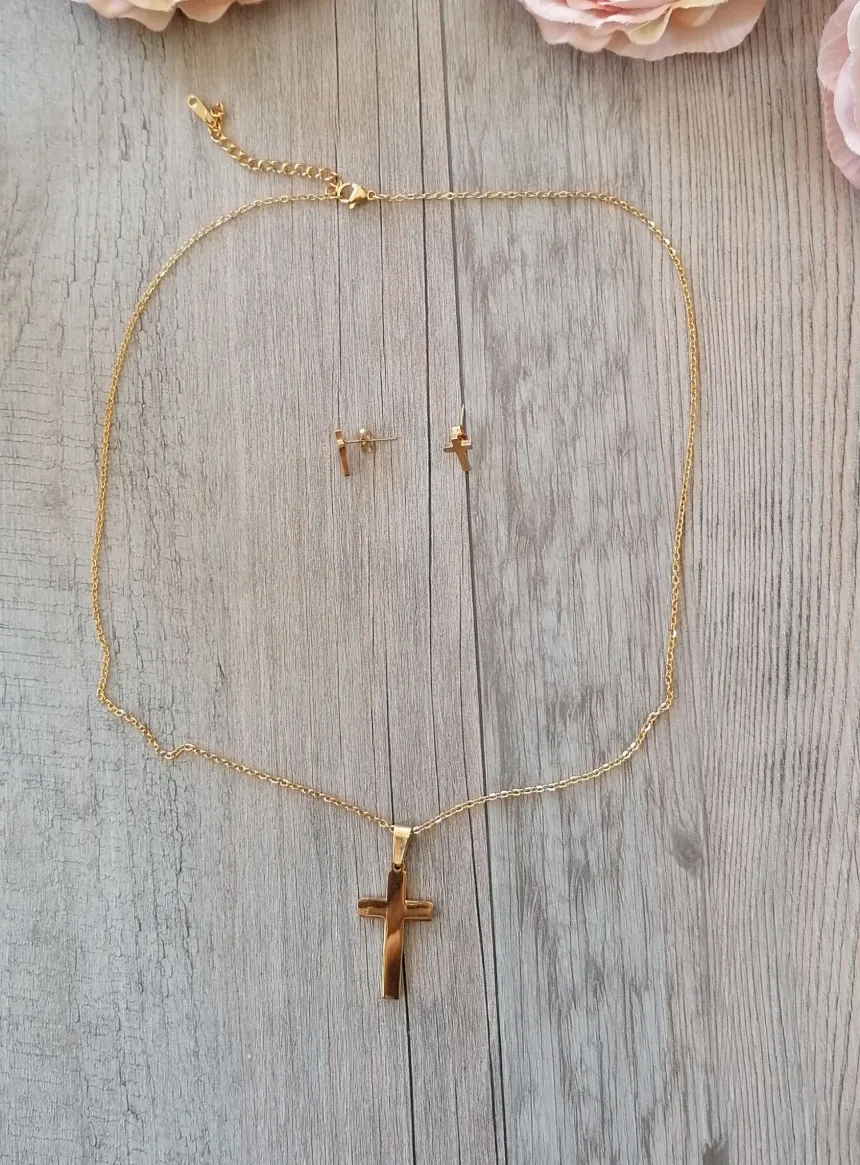 Collier pendentif Croix + boucles d'oreilles