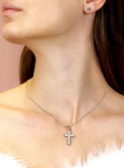 Collier pendentif croix catholique et boucles d'oreilles strass Gris argent