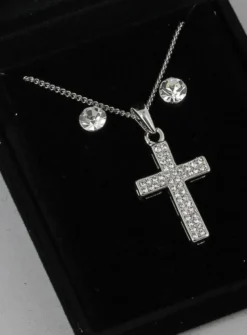 Collier pendentif croix catholique et boucles d'oreilles strass Gris argent