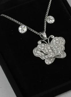 Collier pendentif papillon et boucles d'oreilles strass Gris argent