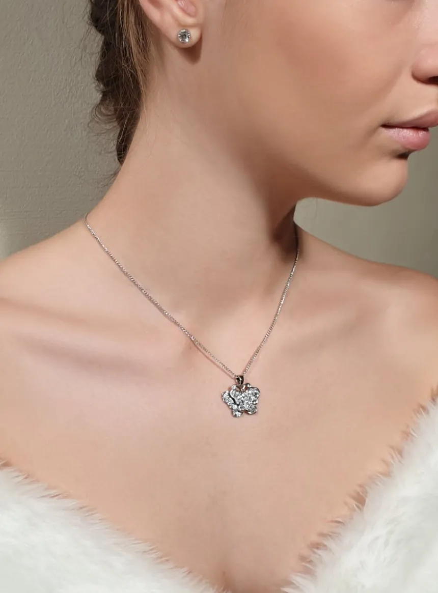 Collier pendentif papillon et boucles d'oreilles strass Gris argent
