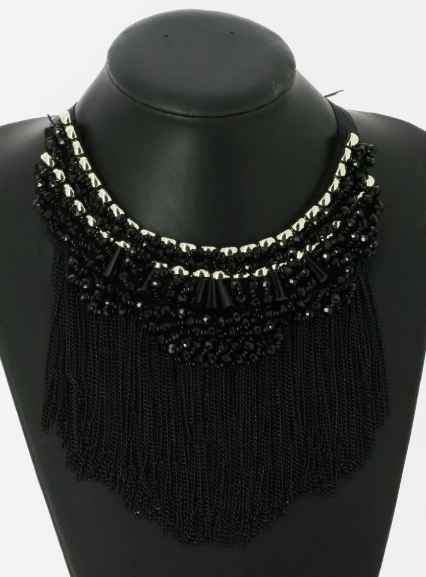 Collier plastron et perles Noir