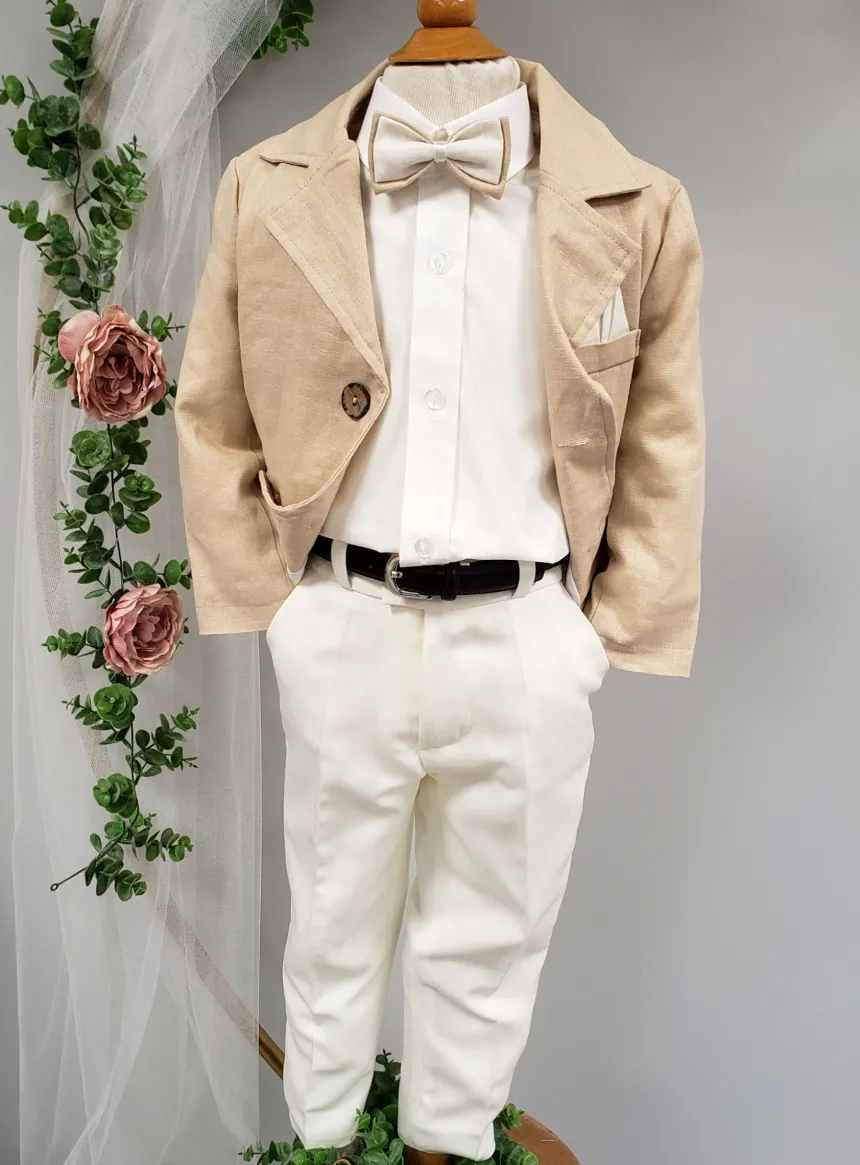 Costume garçon 4 pièces Lin beige et ivoire
