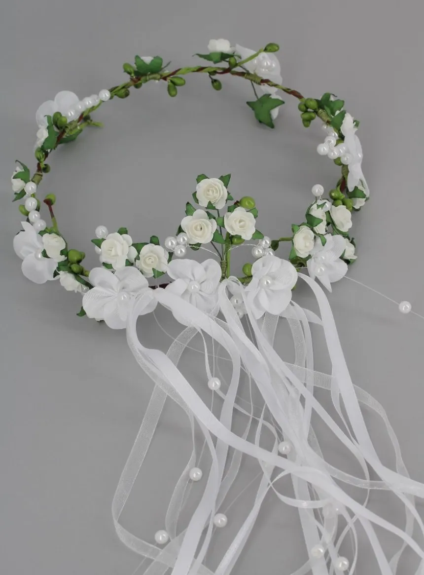 Couronne avec fleurs et rubans Blanc