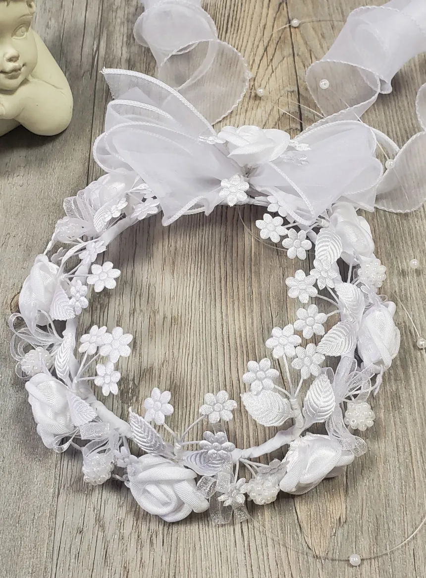 Couronne de baptême bébé fille blanche fleurs dôme Blanc
