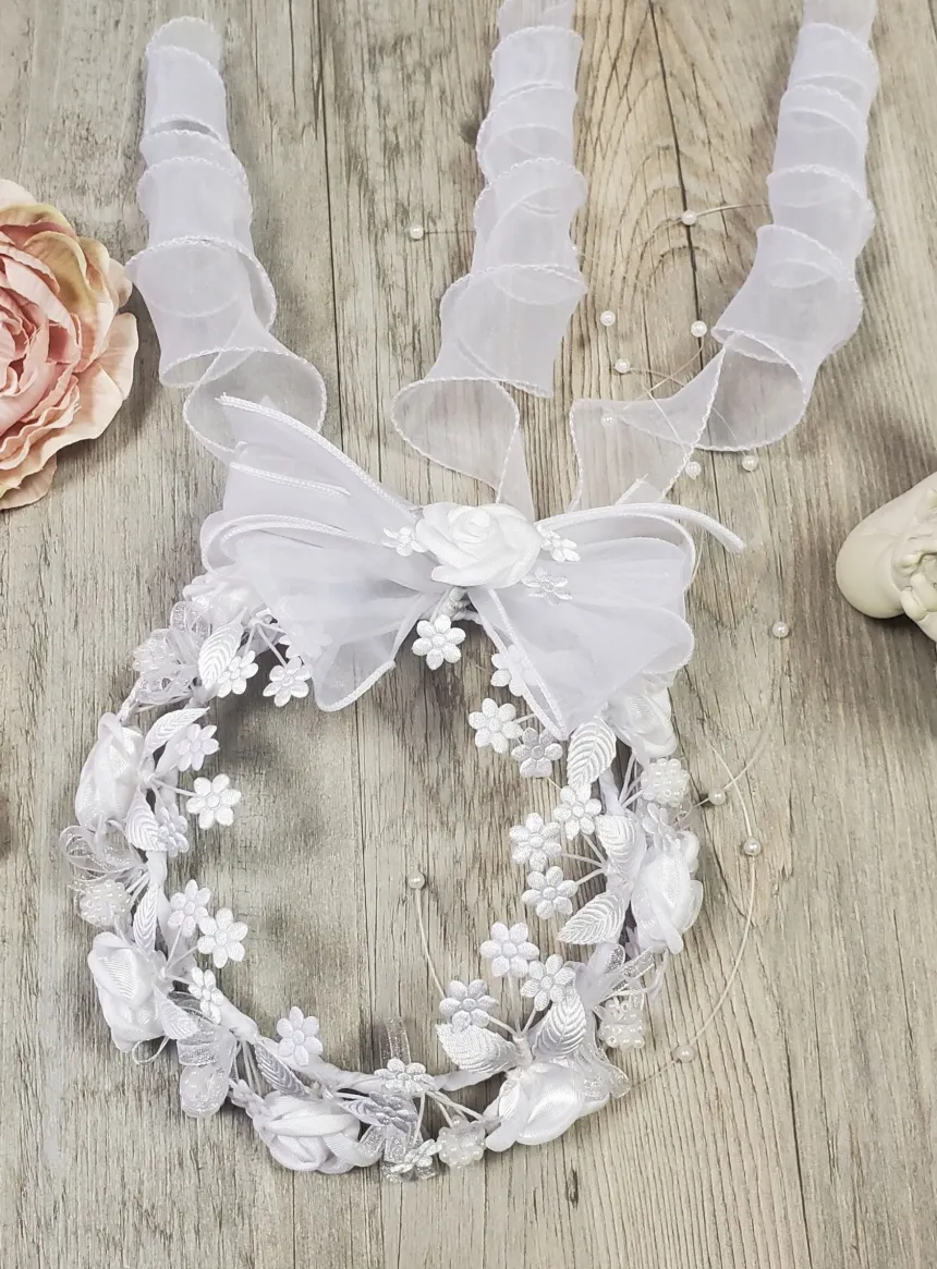 Couronne de baptême bébé fille blanche fleurs dôme Blanc