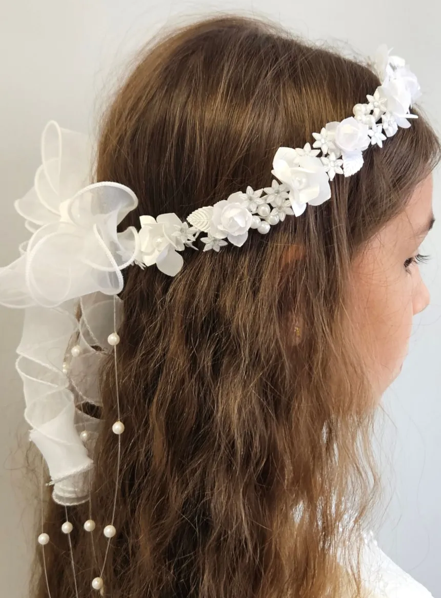 Couronne de communion ronde blanche fleur ruban Blanc