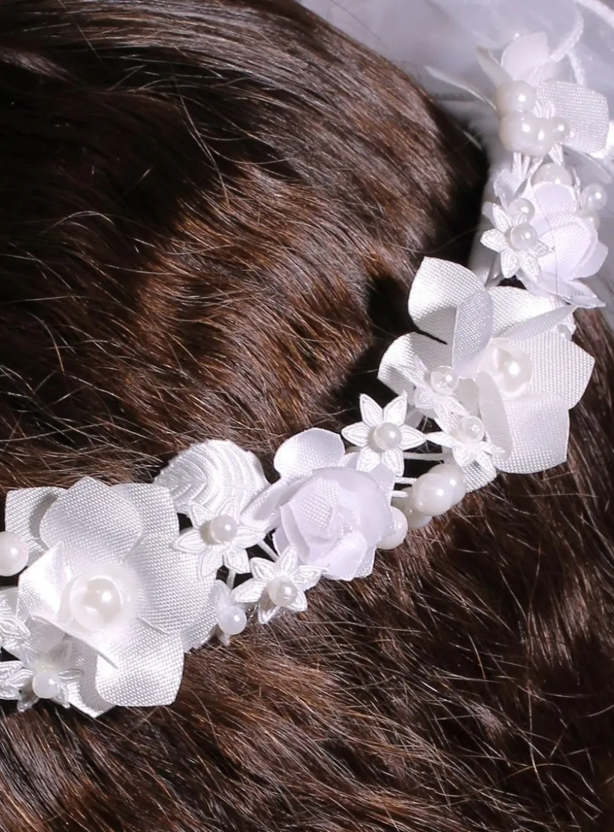 Couronne de communion ronde blanche fleur ruban Blanc