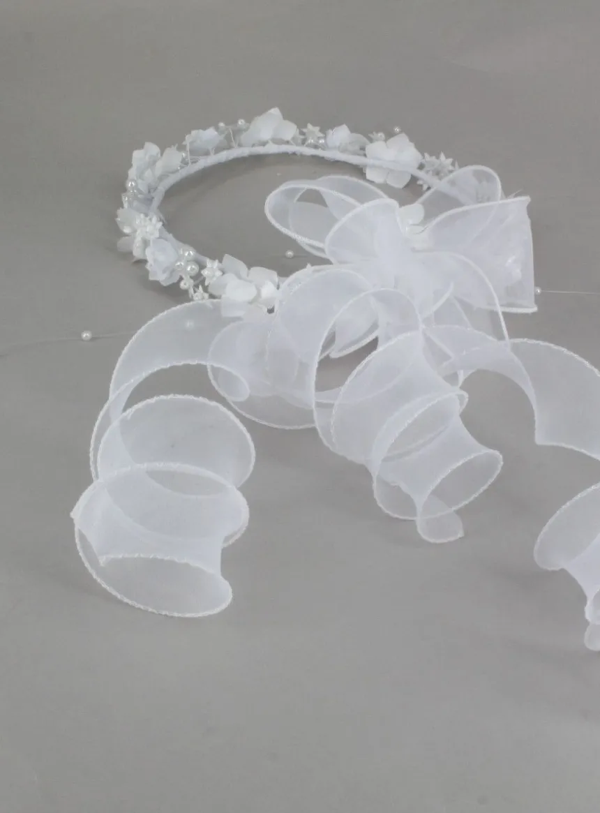 Couronne de communion ronde blanche fleur ruban Blanc