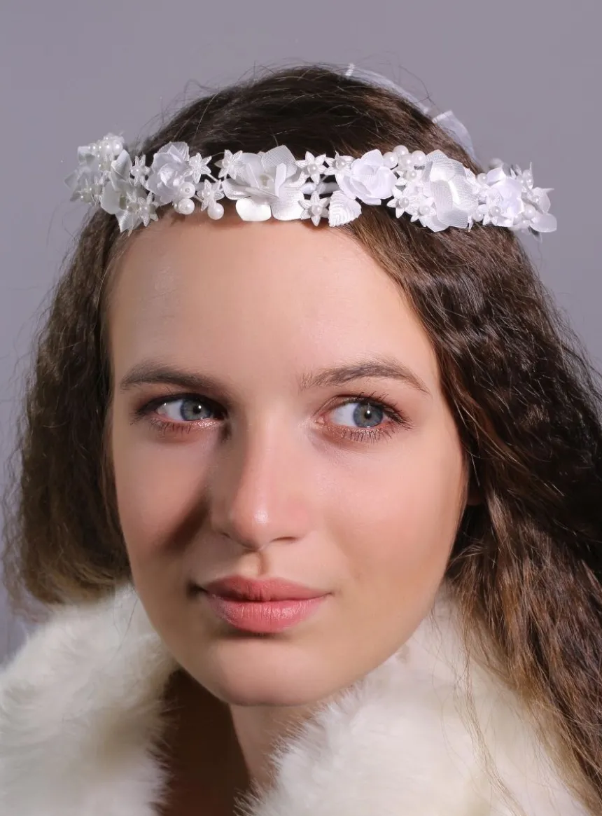 Couronne de communion ronde blanche fleur ruban Blanc