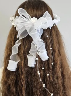 Couronne de communion ronde blanche fleur ruban Blanc