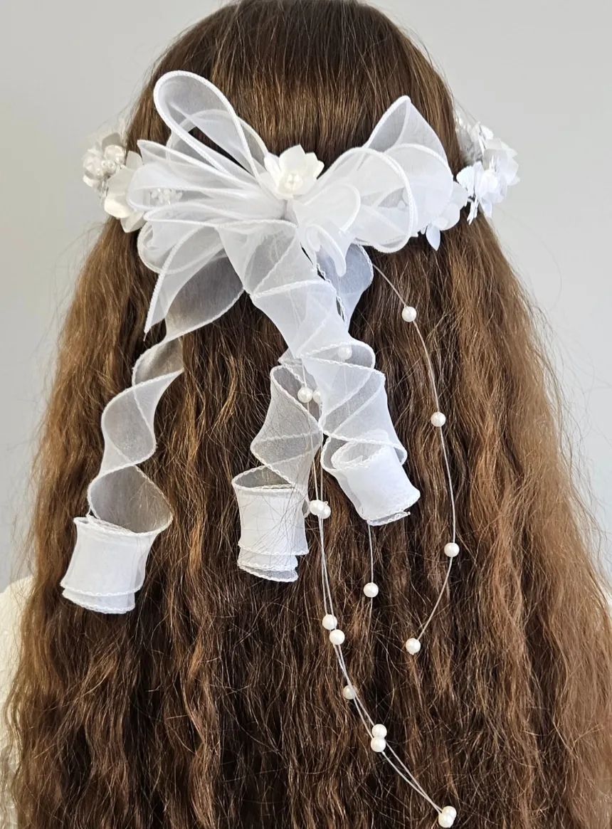 Couronne de communion ronde blanche fleur ruban Blanc
