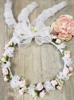 Couronne fleurs blanches et roses avec feuillage Blanc
