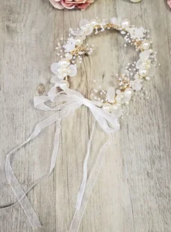 Diadème souple perles et fleurs Ivoire - Ecru