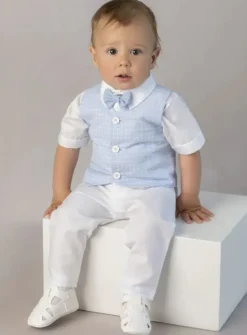 Ensemble de baptême garçon Lilian gilet à carreaux – Bleu et blanc