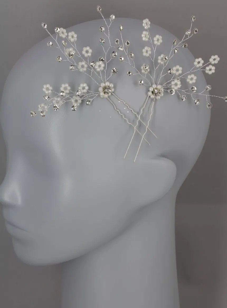 2 Fourches cheveux perles et strass Blanc