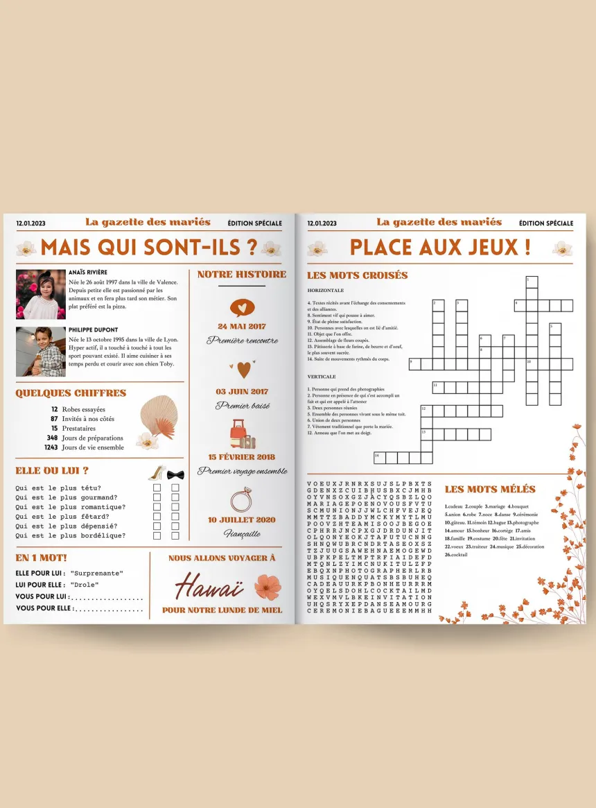 Gazette de mariage personnalisée - Thème Champêtre chic Terra-cota