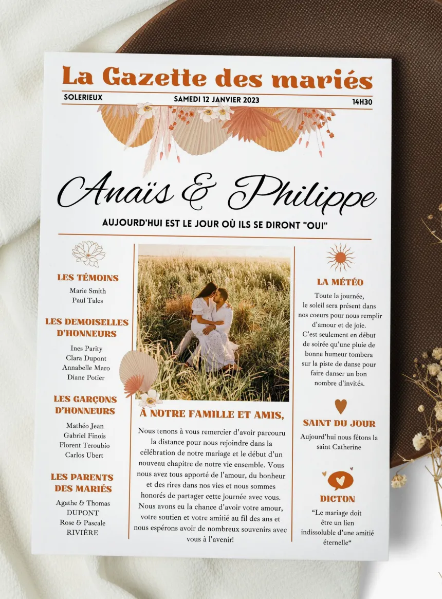 Gazette de mariage personnalisée - Thème Champêtre chic Terra-cota
