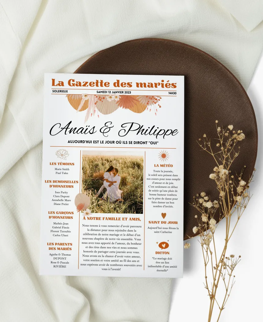 Gazette de mariage personnalisée - Thème Champêtre chic Terra-cota