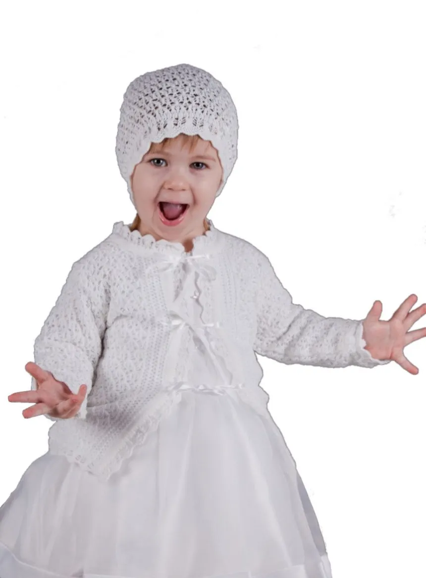 Gilet baptême + bonnet crochet bébé fille Blanc 1 mois