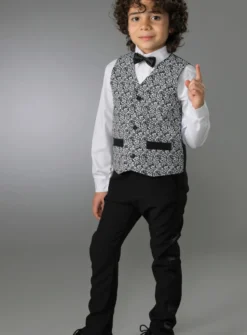 Gilet garçon + noeud papillon volutes florales noir