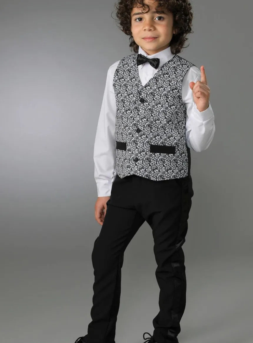 Gilet garçon + noeud papillon volutes florales noir