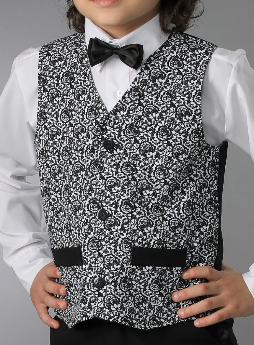 Gilet garçon + noeud papillon volutes florales noir