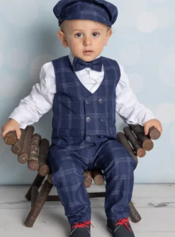 Gilet + noeud papillon bébé garçon écossais bleu marine Mario