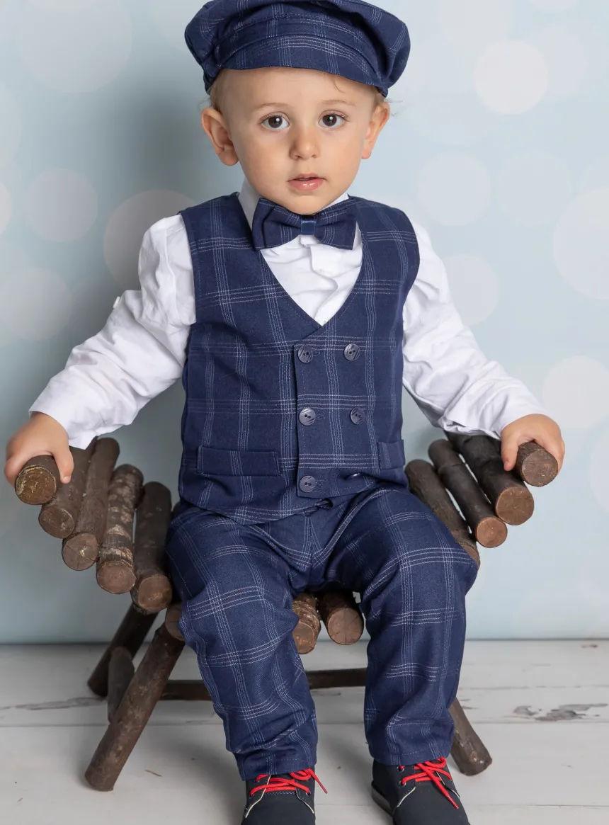 Gilet + noeud papillon bébé garçon écossais bleu marine Mario