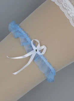 Jarretière mariée organza bleu- nœud et goutte