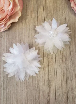 Lot de 2 fleurs tissu et perles avec velcro Blanc