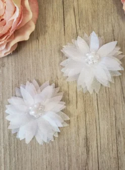 Lot de 2 fleurs tissu et perles avec velcro Blanc