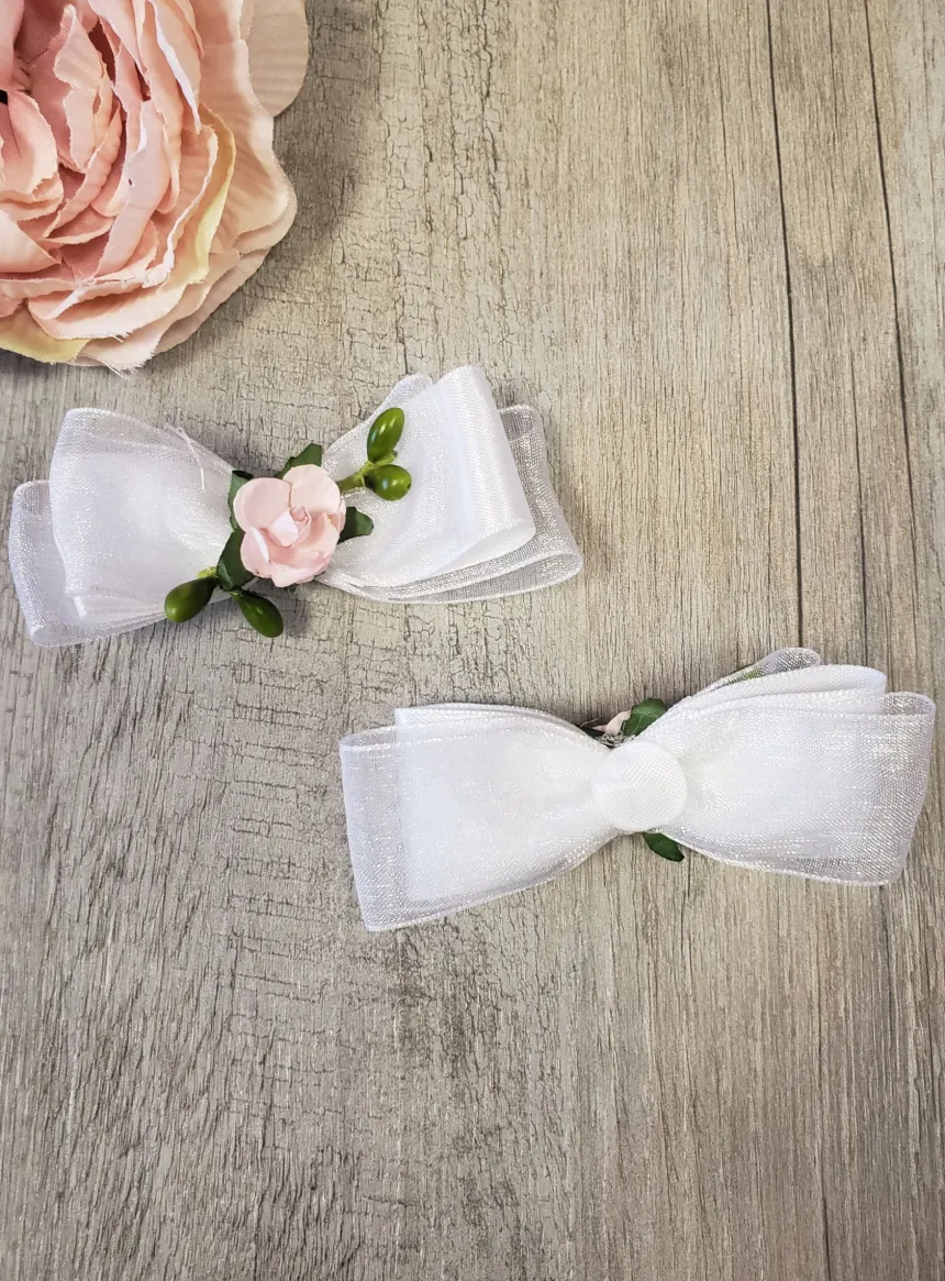 Lot de 2 noeuds avec ruban et fleurs Blanc