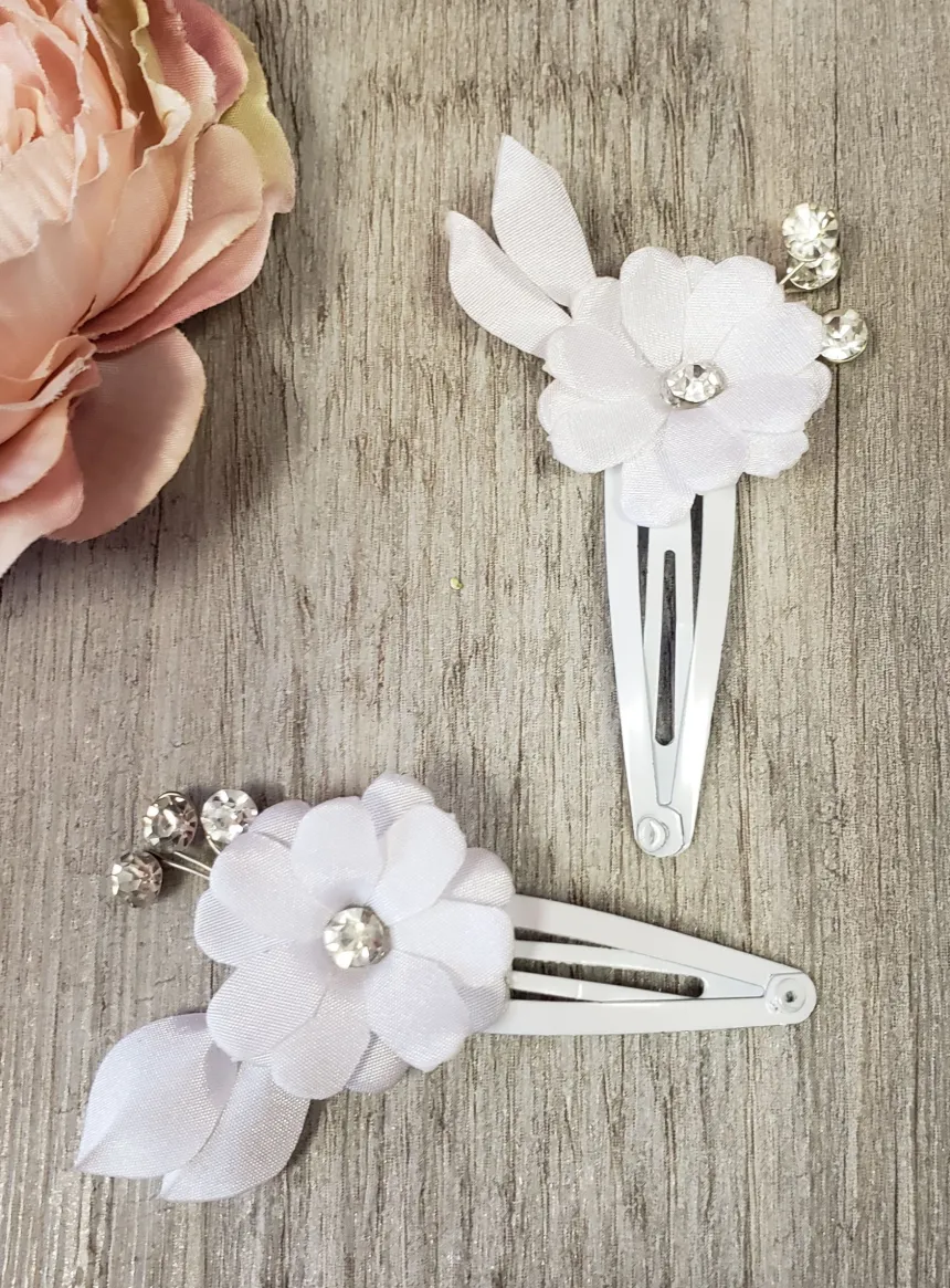 Lot 2 pinces clips fleur et strass Blanc
