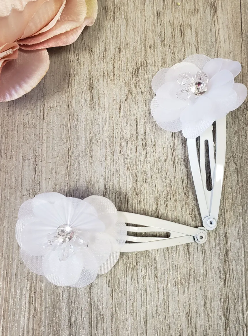 Lot 2 pinces clips fleur tissu et perle Blanc