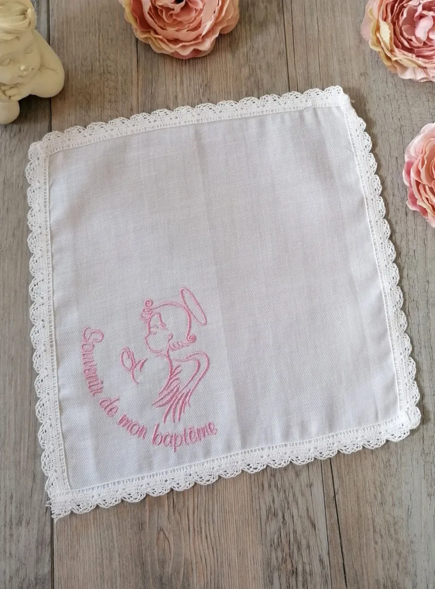 Mouchoir de baptême coton brodé