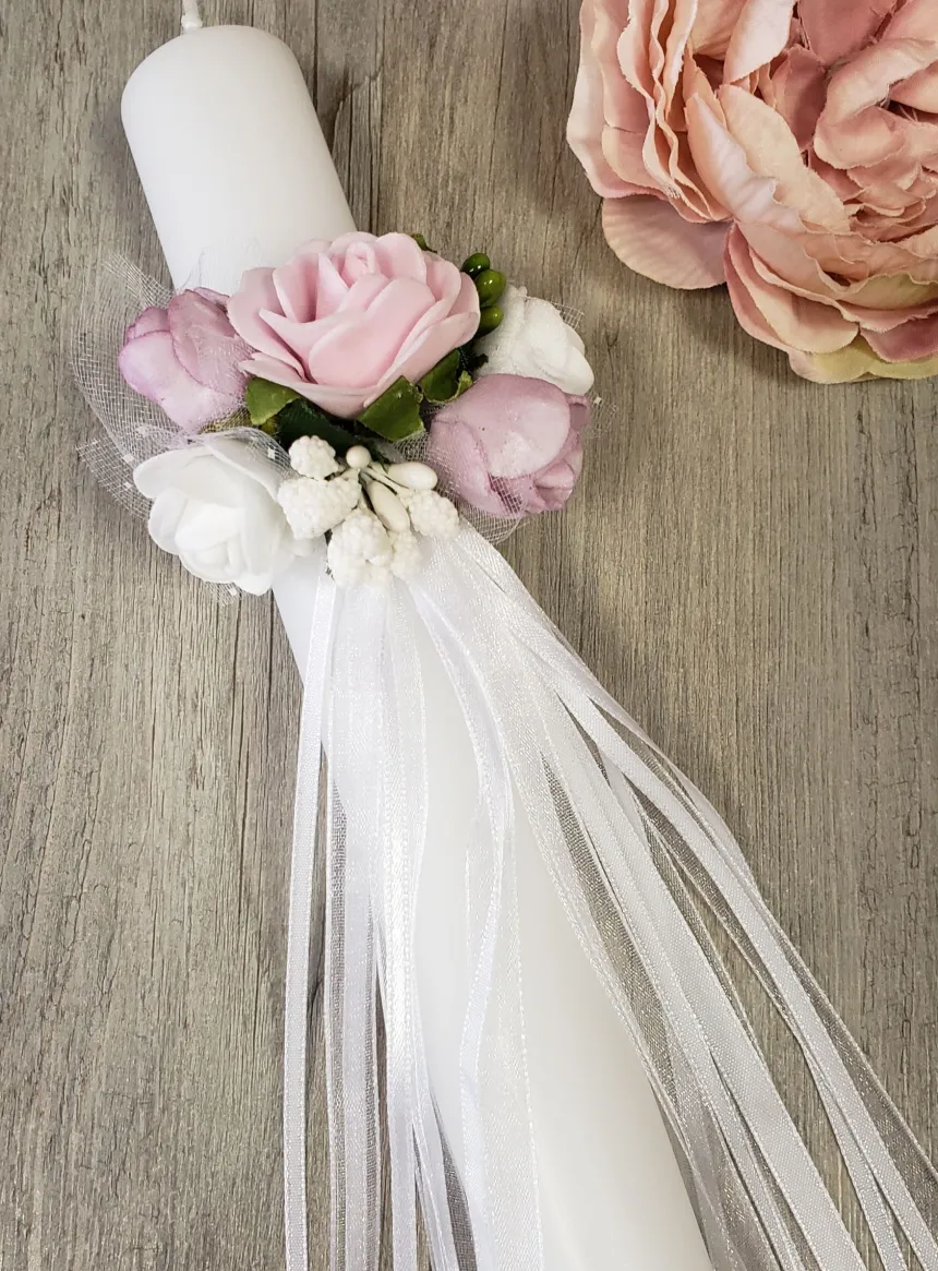 Noeud pour cierge fleur et ruban Blanc