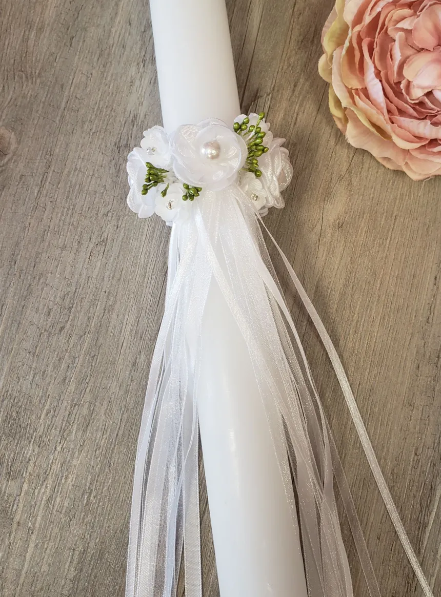 Noeud pour cierge fleurs et perles Blanc