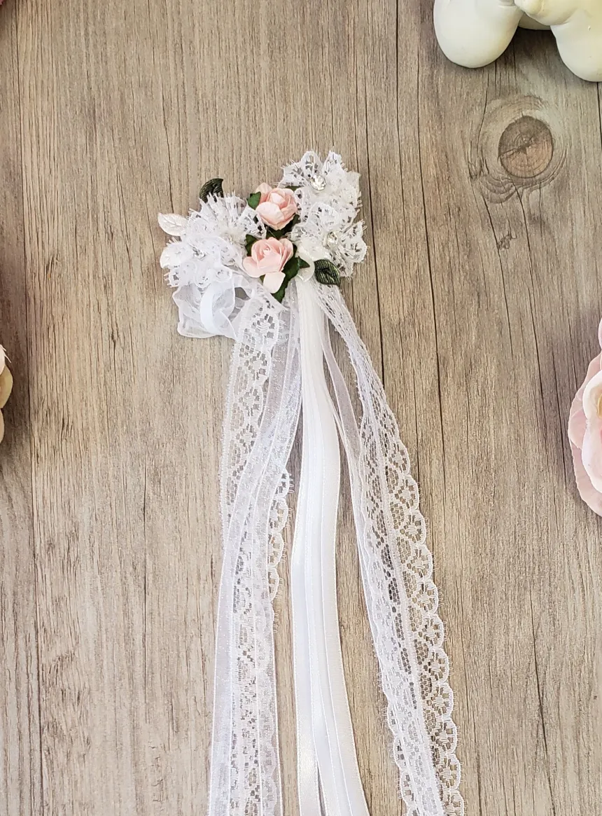 Noeud pour cierge fleurs rose et dentelle Blanc