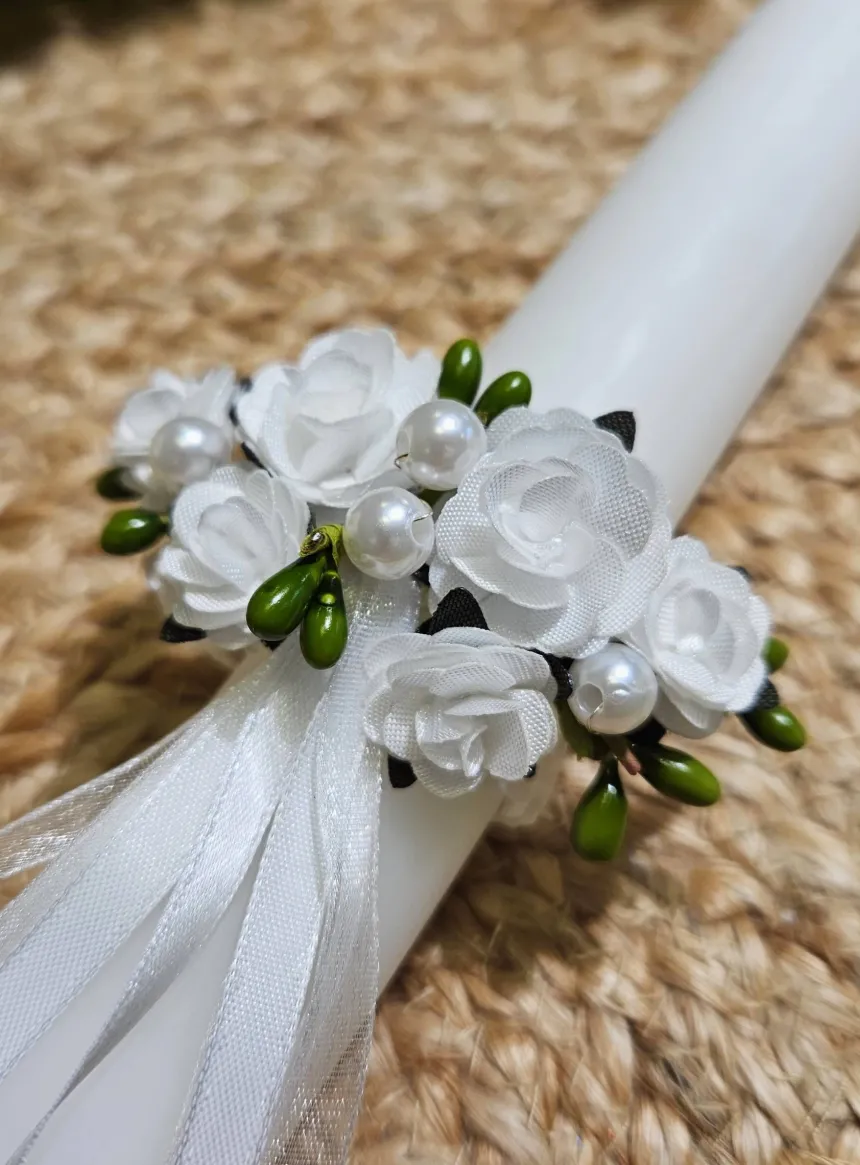 Noeud pour cierge perles fleurs et ruban
