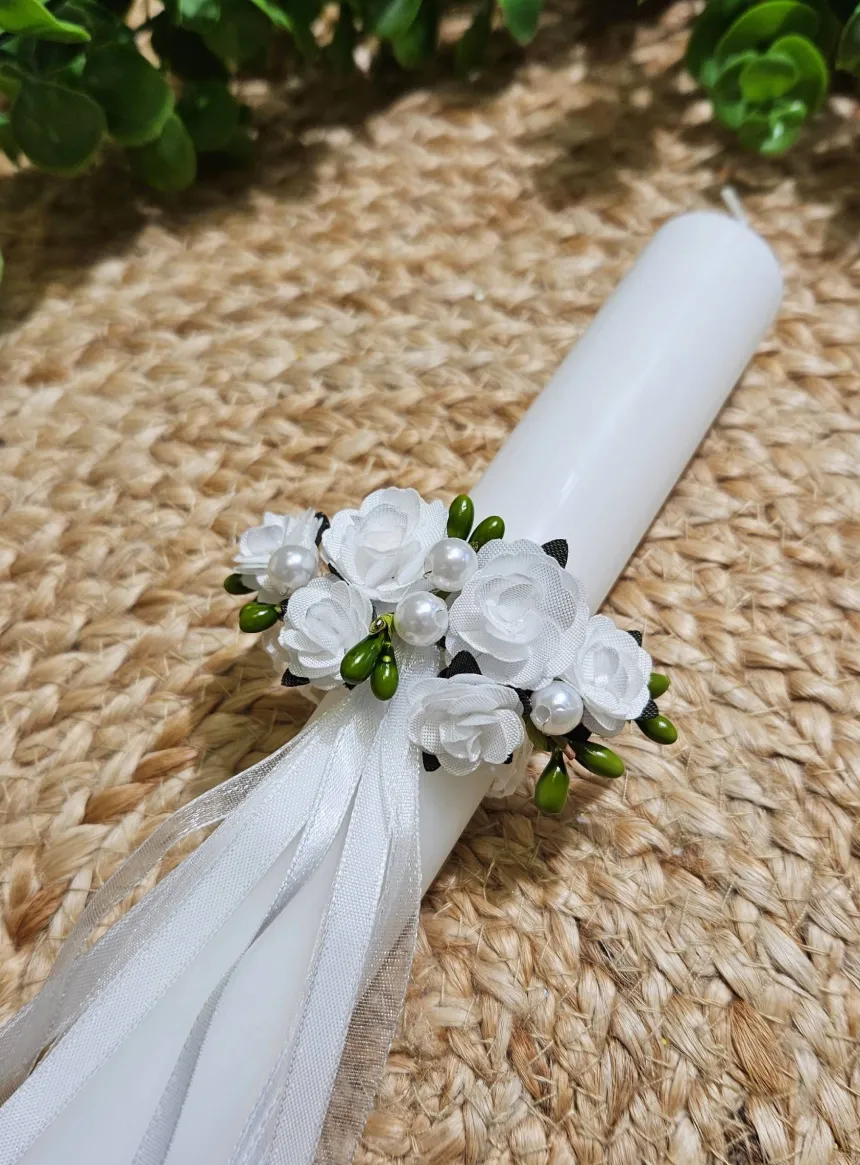 Noeud pour cierge perles fleurs et ruban