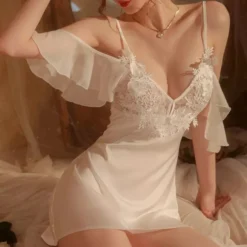 Nuisette satin, dentelle manches volantes Femme