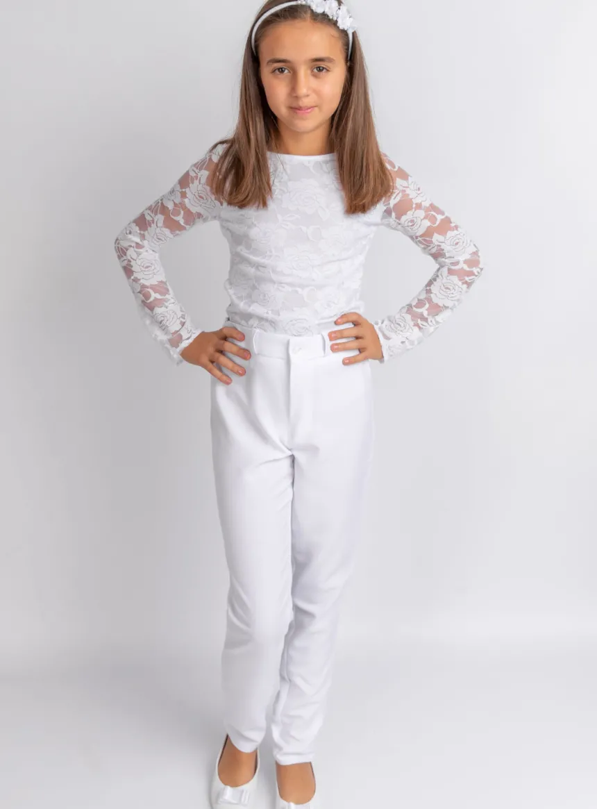 Pantalon fille taille haute blanc