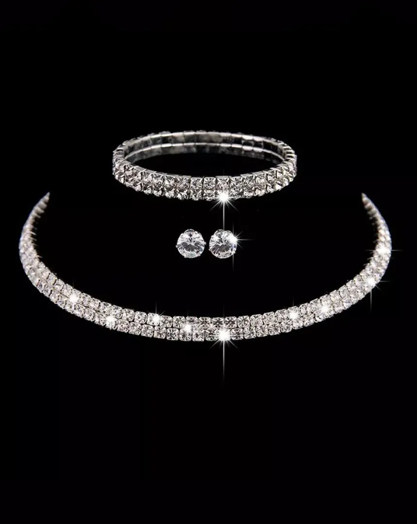 Parure collier + bracelet + boucles d'oreilles strass Gris argent